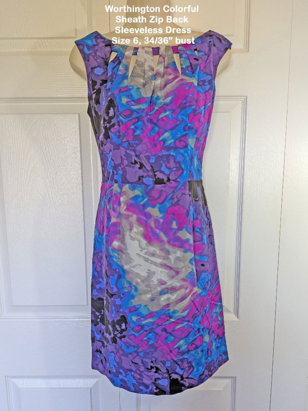 Worthington colorful Sheath zip back Sleeveless Dress 34/36" bust, Sexy neckline